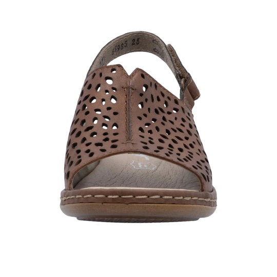 Brown perforated slingback sandal with cutouts and a stitched toe strap