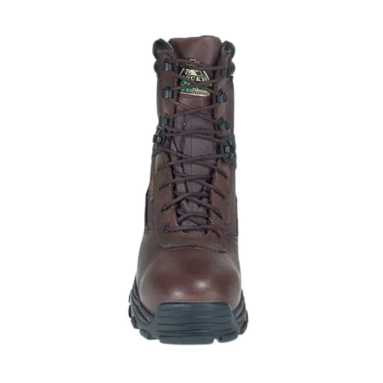 Brown lace-up work boot with a steel toe and rugged treaded sole, front view
