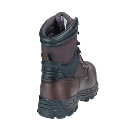 Brown insulated work boot with black rubber sole, padded collar, and rear view