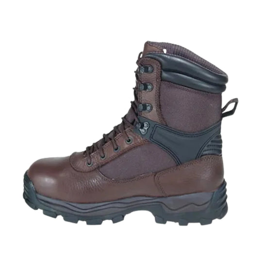 Brown insulated lace-up work boot with black padded collar and rugged tread sole