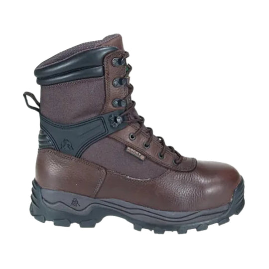 Brown insulated lace-up work boot with black padded collar and rugged tread sole