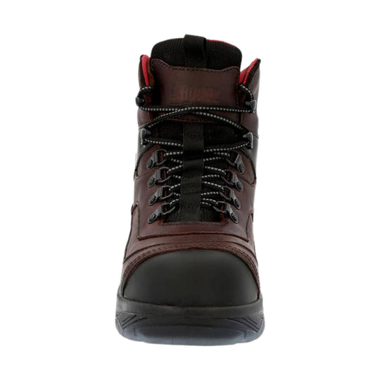 Brown lace-up work boot with black toe cap, black laces, and red collar lining, shown from the front