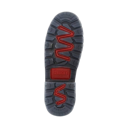 Boot outsole with gray lug tread, red zigzag traction inserts, and a red Rocky logo panel