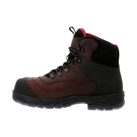 Brown and black lace-up work boot with a protective toe cap and thick treaded sole