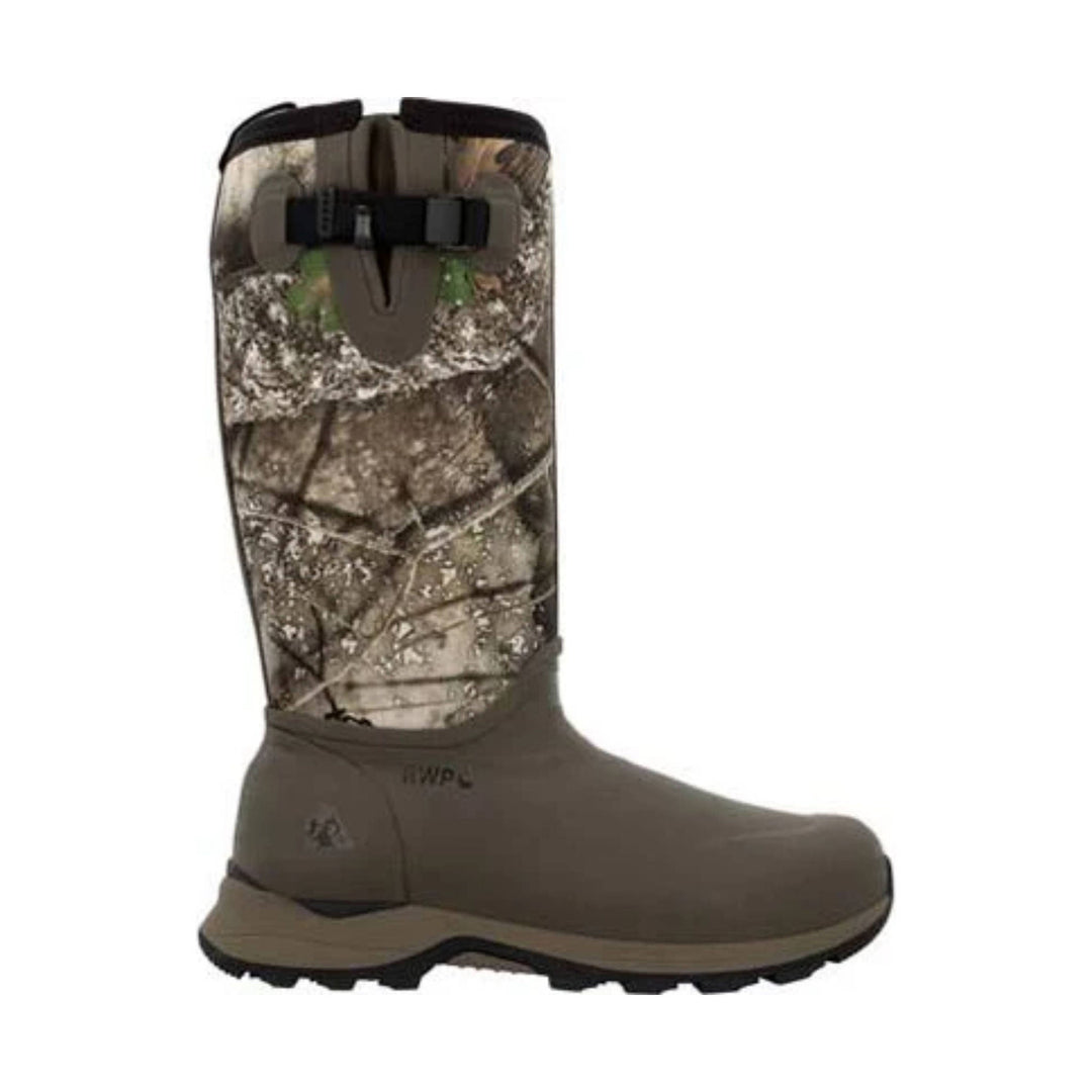 Tall pull-on camo rubber boot with brown lower foot and black top strap