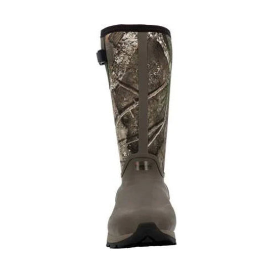 Camouflage pull-on rubber hunting boot with tall shaft and thick tread, shown from the back