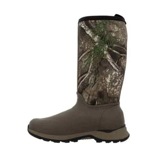 Brown insulated pull-on rubber boot with camouflage shaft and black sole
