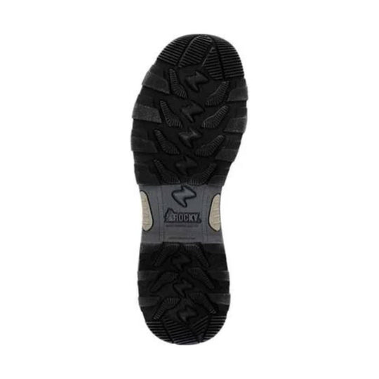 Black boot sole with deep tread and Rocky logo