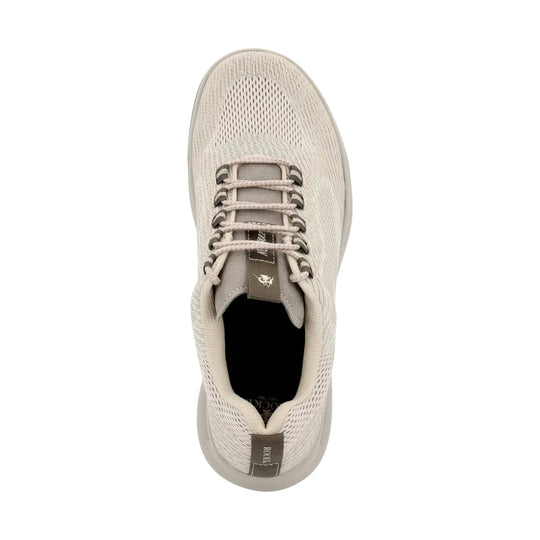 Light beige knit athletic shoe with bungee-style laces, a gray tongue, and dark trim