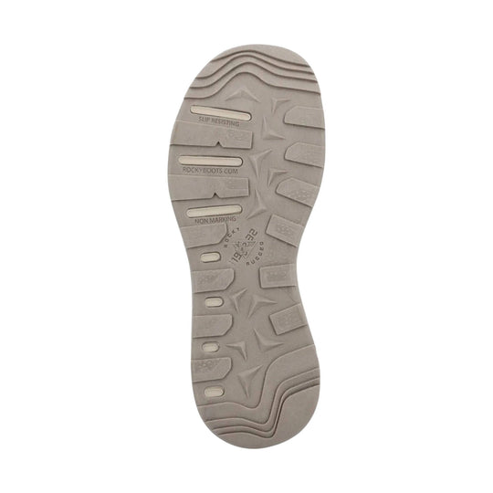 Taupe shoe outsole with slip-resisting, non-marking, and RockyBoots.com markings