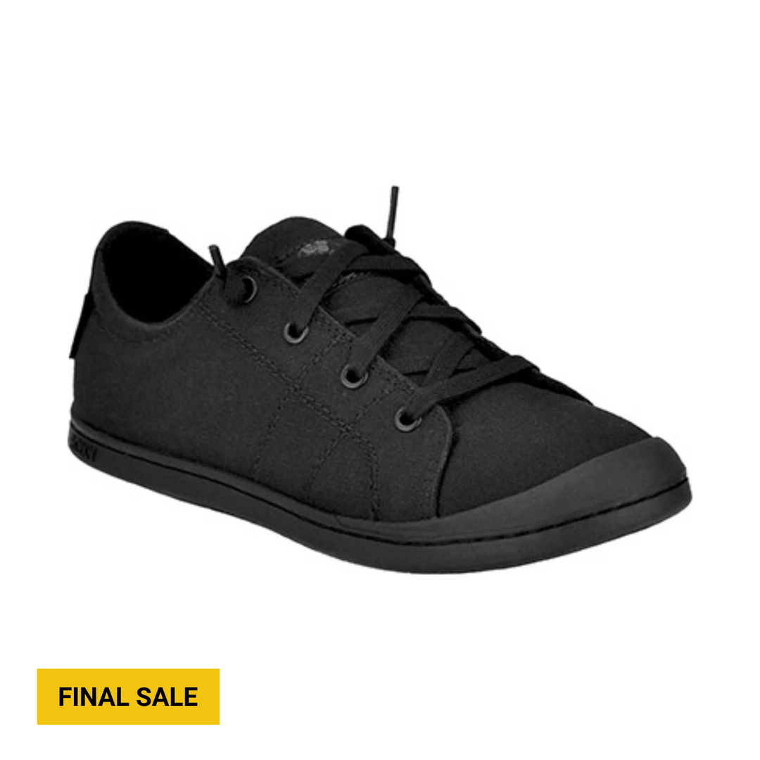 Black low-top lace-up sneaker with a rounded toe and rubber sole