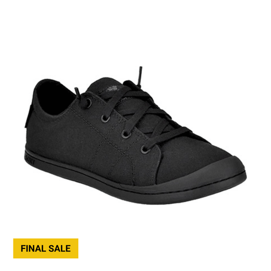 Black low-top lace-up sneaker with a rounded toe and rubber sole