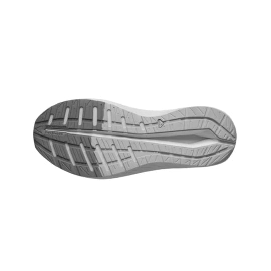 Gray running shoe outsole with deep tread grooves and flex channels