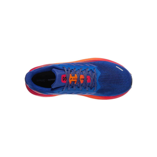 Blue running shoe with orange and red accents, top view, showing laced mesh upper and ribbed toe box.