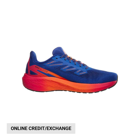 Blue and red running shoe with orange midsole and visible side branding