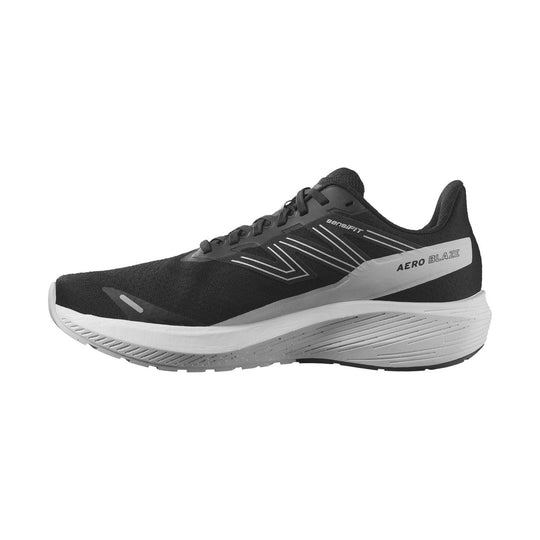 Black and gray running shoe with white midsole and side branding