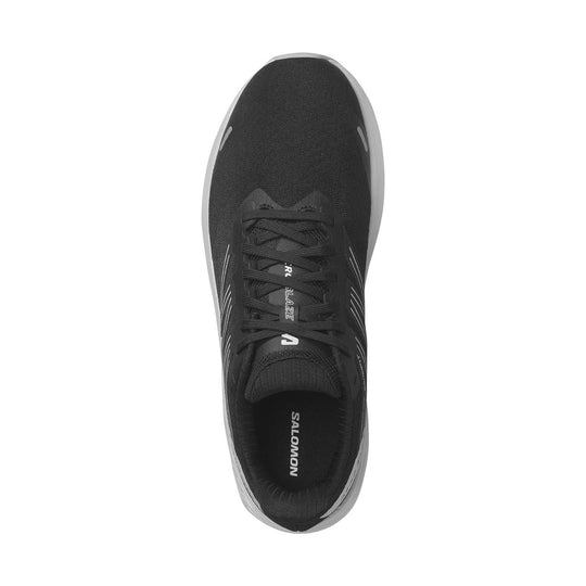 Black running shoe with white midsole, black laces, and Salomon logo on the insole