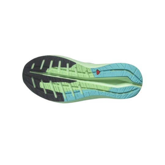 Colorful running shoe outsole with black, mint green, and blue tread