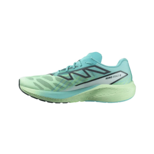 Light blue and mint road running shoe with black side accents and AERO VOLT 2 text
