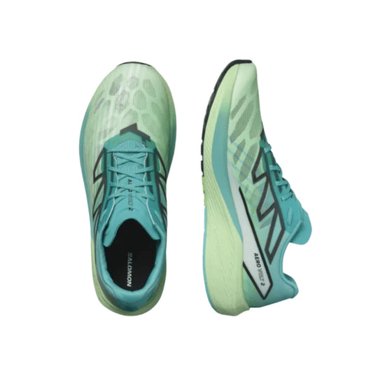 Light green and teal road running shoe shown from top and side with lace-up upper and black outsole