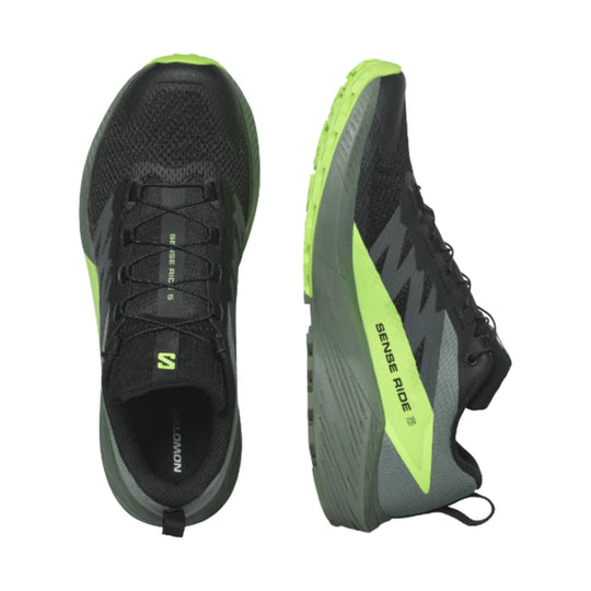 Salomon Men's Sense Ride 5 Trail Running Shoes - Black / Laurel Wreath / Green Gecko - Lenny's Shoe & Apparel