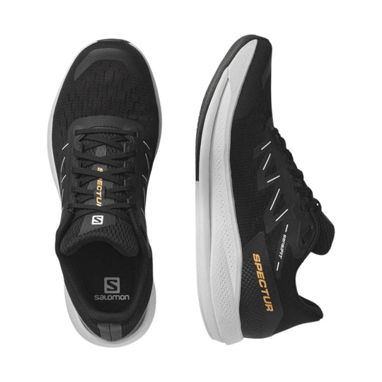 Black running shoes with white midsoles and mesh uppers, shown in top and side views