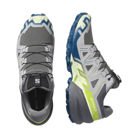 Gray trail running shoe with blue sole, lime accents, and quick-lace closure, shown in top and side views