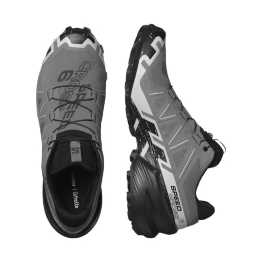 Gray and black trail running shoes shown top and side views with speed cross 6 branding.