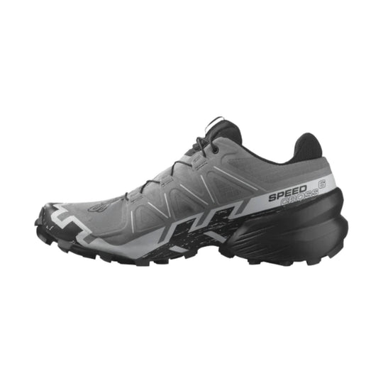 Gray and black trail running shoe with lugged sole and visible SPEEDCROSS 6 text on the side