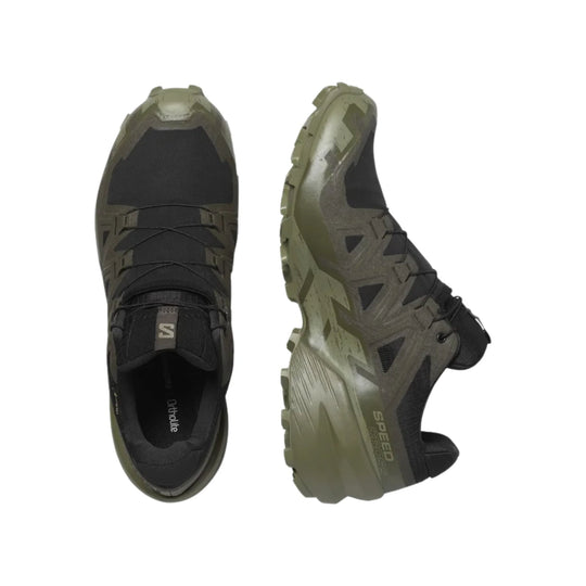 Olive and black trail shoe with lugged sole, shown top and side views