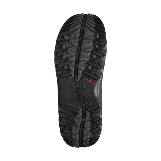 Black boot outsole with deep tread and red Contagrip marking