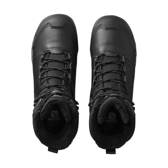 Black insulated winter boots shown from above with lace-up fronts and plush collars