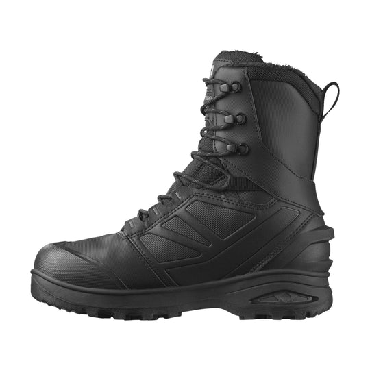 Black insulated winter boot with a padded shaft, lace-up front, and thick lug sole