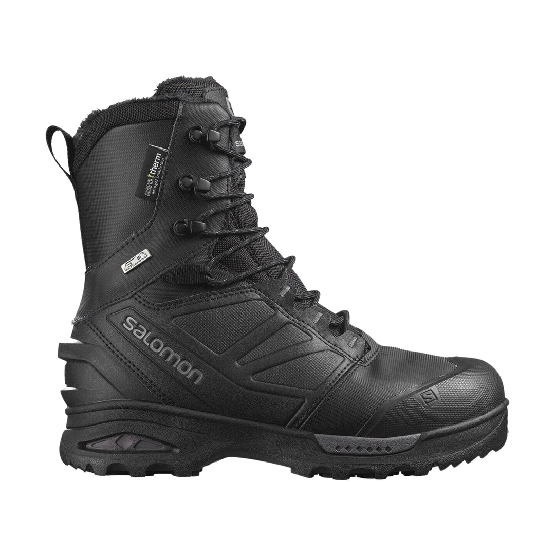 Black insulated winter boot with laces, waterproof side label, and rugged treaded sole