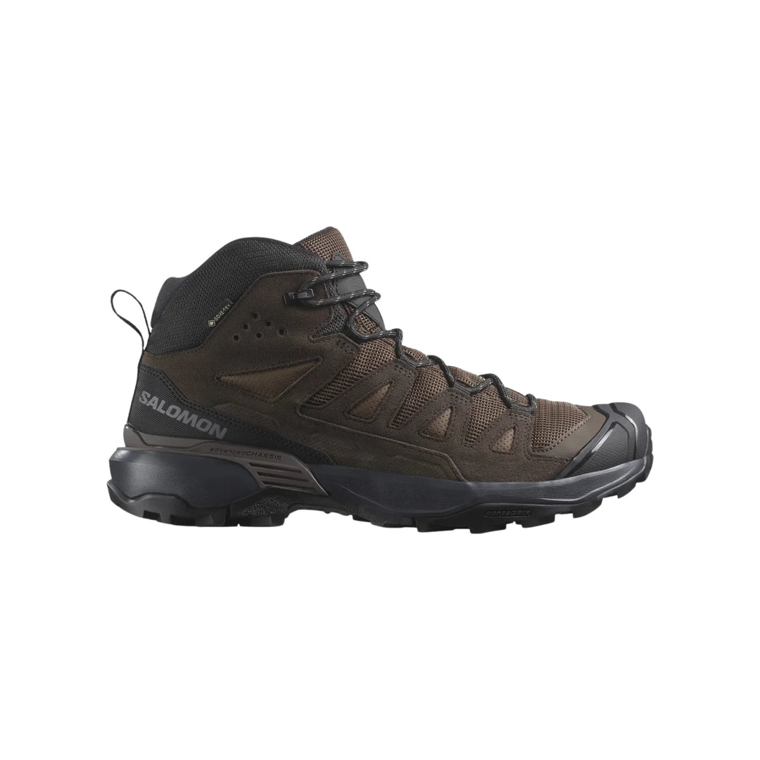 Brown and black mid-height hiking boot with lugged sole and bungee lacing