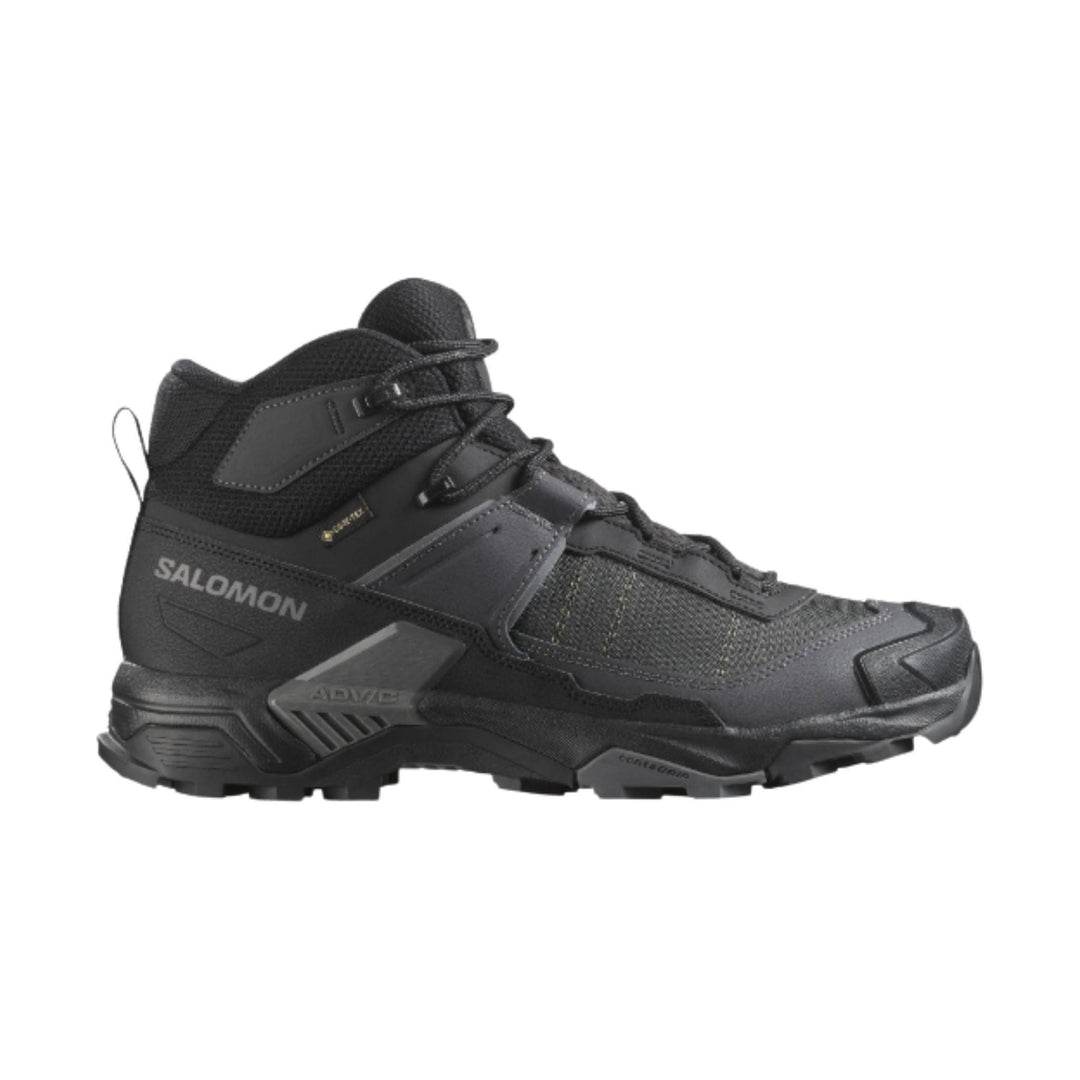 Black mid-height hiking boot with mesh panels, bungee laces, and a rugged lug sole