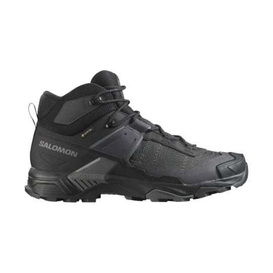 Black mid-height hiking boot with mesh panels, bungee laces, and a rugged lug sole