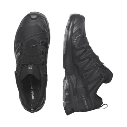 Black trail running shoe shown from top and side views with bungee laces and lugged outsole