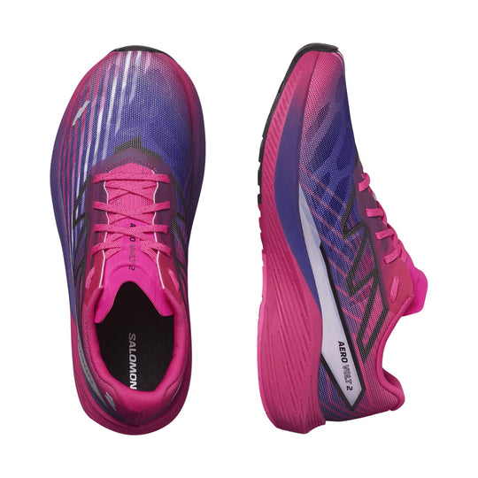 Pink and purple running shoes shown in top and side views with pink laces and black soles