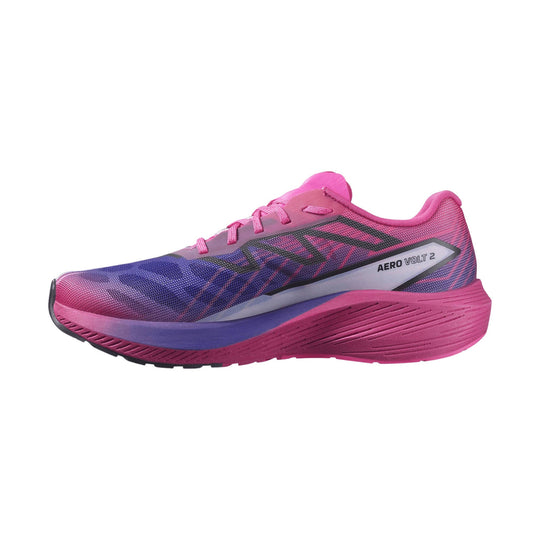Pink, purple, and blue running shoe shown in side profile with visible laces and a thick cushioned sole.