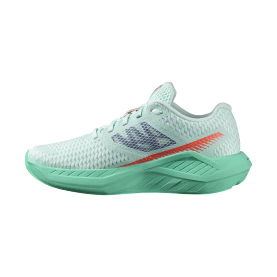 Light mint running shoe with knit upper, coral side stripe, and thick mint sole in side view