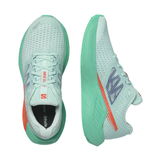 Mint green road running shoe with mesh upper, chunky midsole, and coral and navy side accents