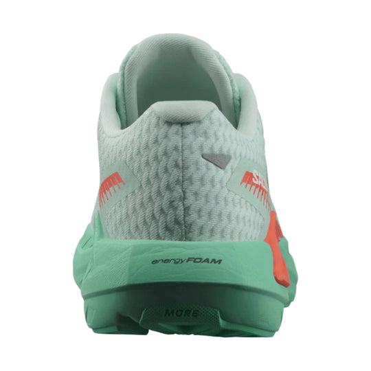 Mint green running shoe heel view with orange accents and energyFOAM text