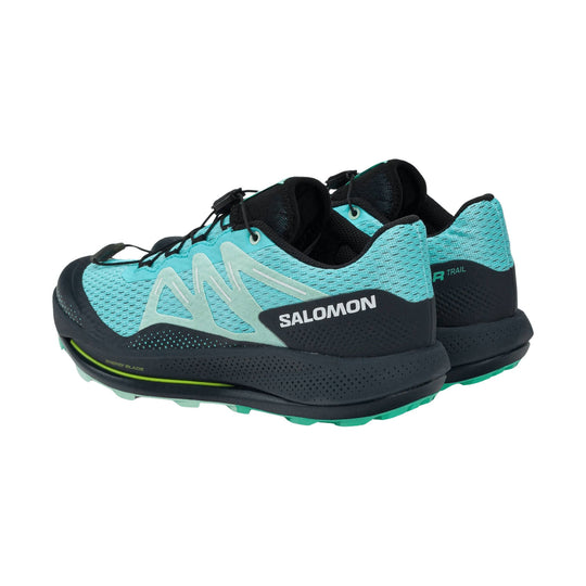 Blue and black trail running shoes with mesh uppers, bungee laces, and side logos, shown in a pair