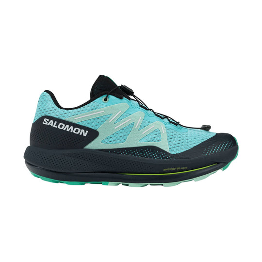 Blue trail running shoe with black overlays, bungee laces, and white side branding