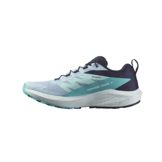 Low-profile trail running shoe in light blue, teal, and black with white midsole and side branding