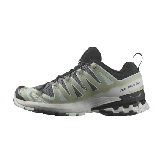 Gray and black trail running shoe with olive overlays, mesh upper, and visible side text reading XA PRO 3D.
