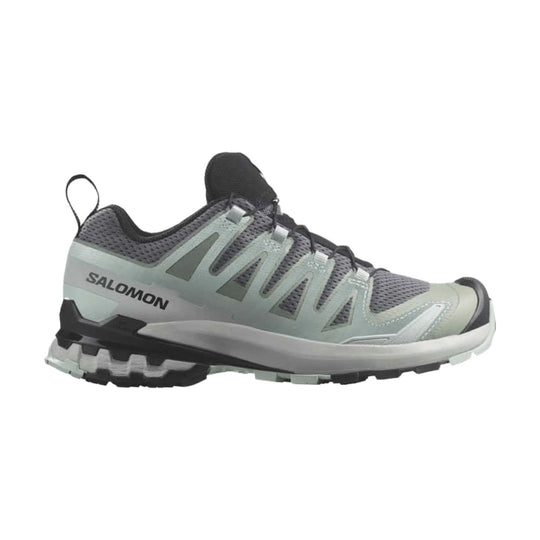 Gray and black trail running shoe with lugged outsole and side "SALOMON" branding