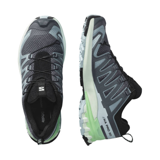 Dark gray trail running shoe with black laces, side overlays, and a light green outsole