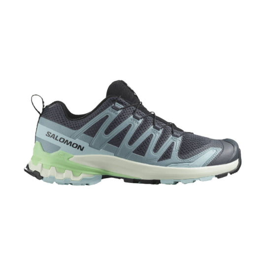 Gray trail running shoe with teal overlays and SALOMON branding